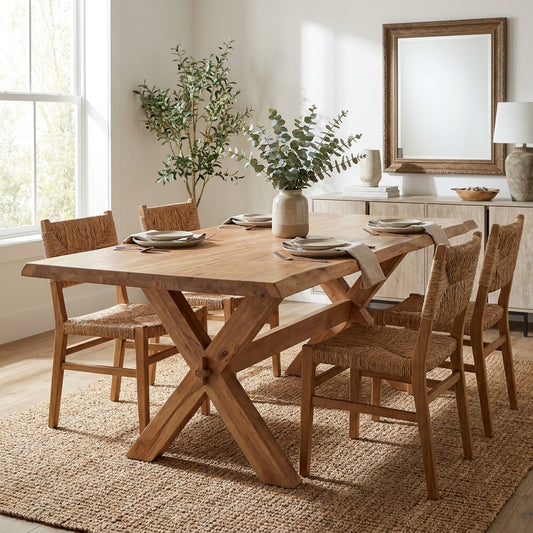 Wood dining table with crossed legs and rectangular top.