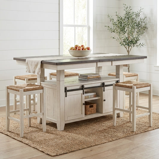 Rustic two-tone table with sliding cabinet doors.