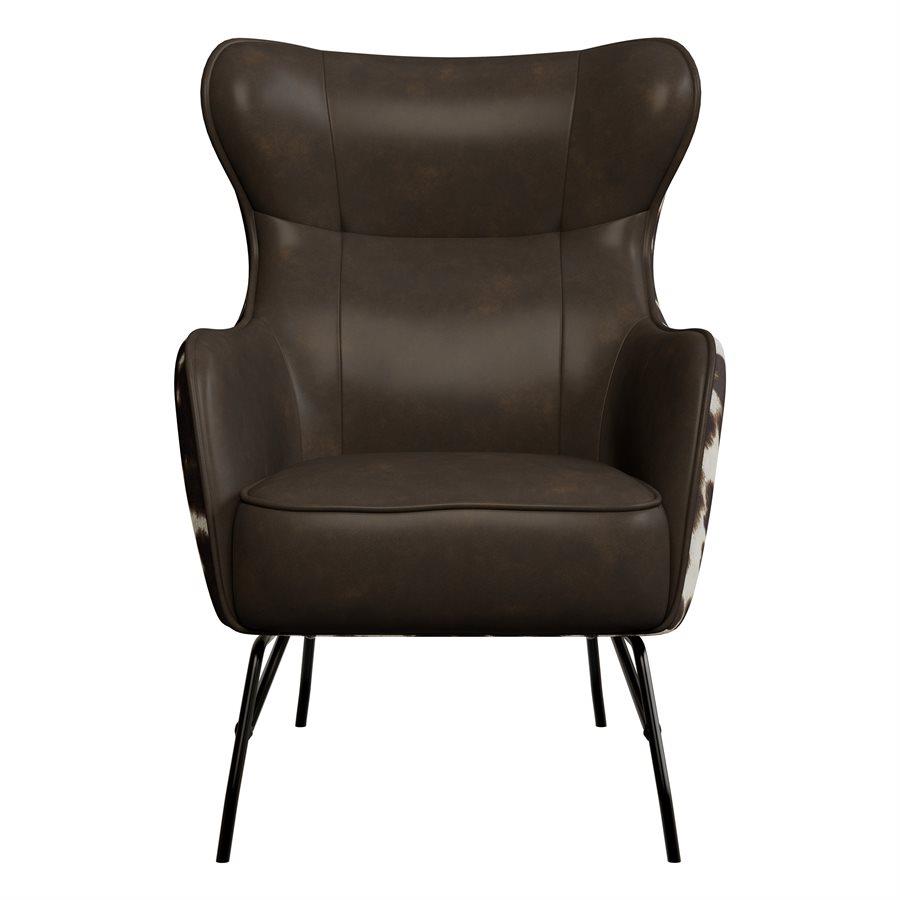 Brown leather armchair with sleek black metal legs.