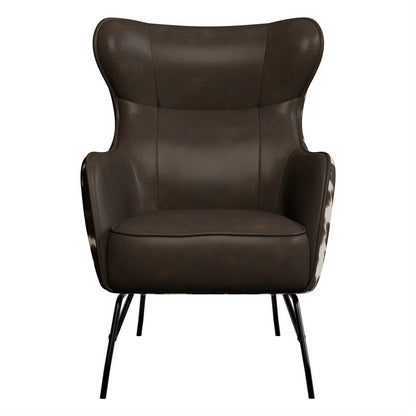 Brown leather armchair with sleek black metal legs.