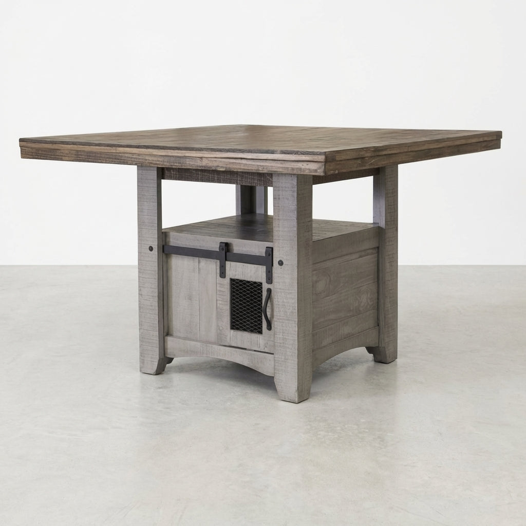 Rustic wooden dining table with storage cabinet underneath.