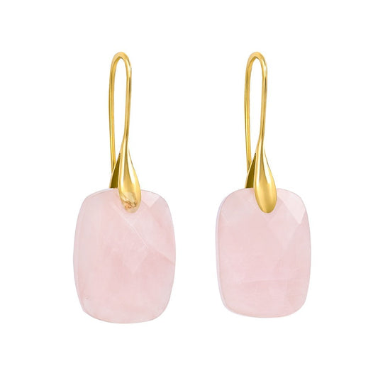 Gold and pink stone dangle earrings.