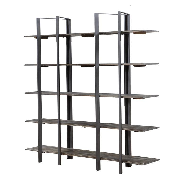 Modern metal-and-wood bookshelf with open shelves and a geometric design.