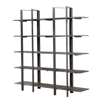 Modern metal-and-wood bookshelf with open shelves and a geometric design.