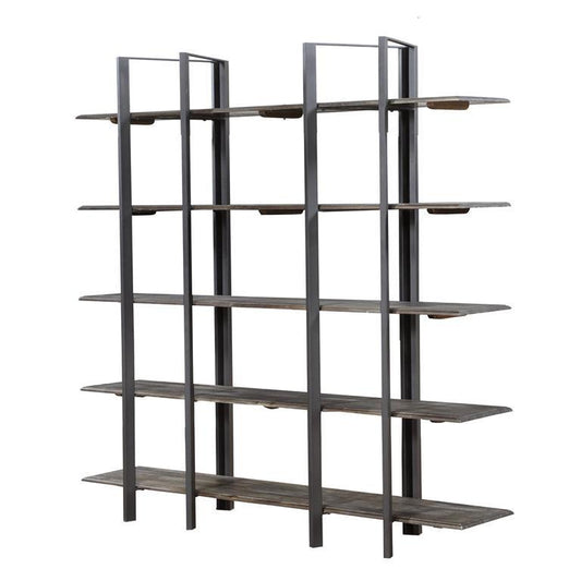 Modern metal-and-wood bookshelf with open shelves and a geometric design.