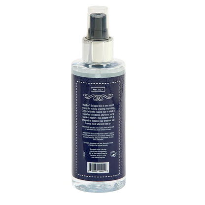 A cologne mist bottle with a detailed label on a white background.