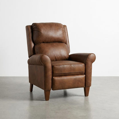 Brown leather armchair on a gray floor.