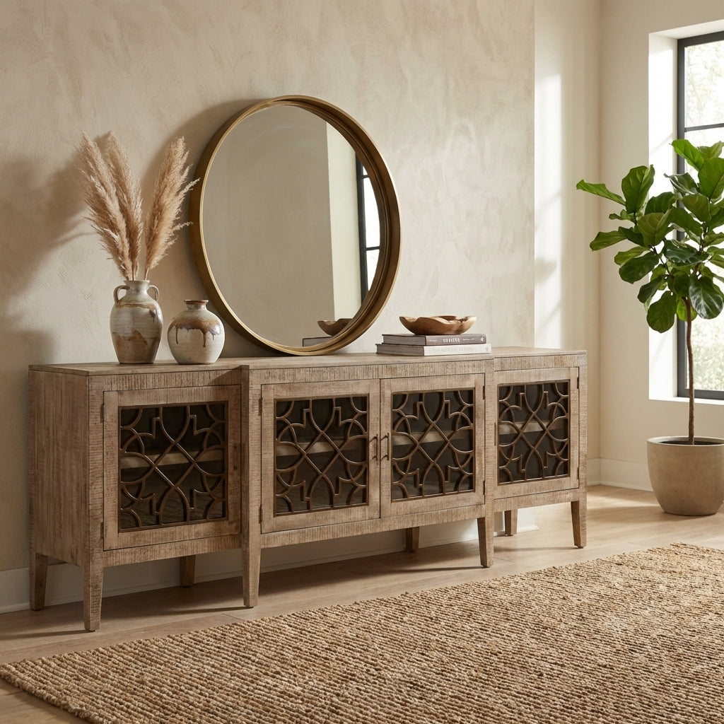 Elegant wooden sideboard with intricate lattice glass doors.