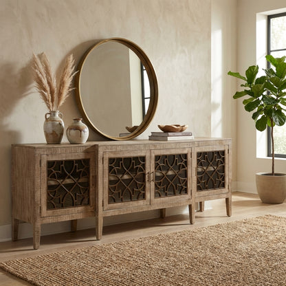 Elegant wooden sideboard with intricate lattice glass doors.