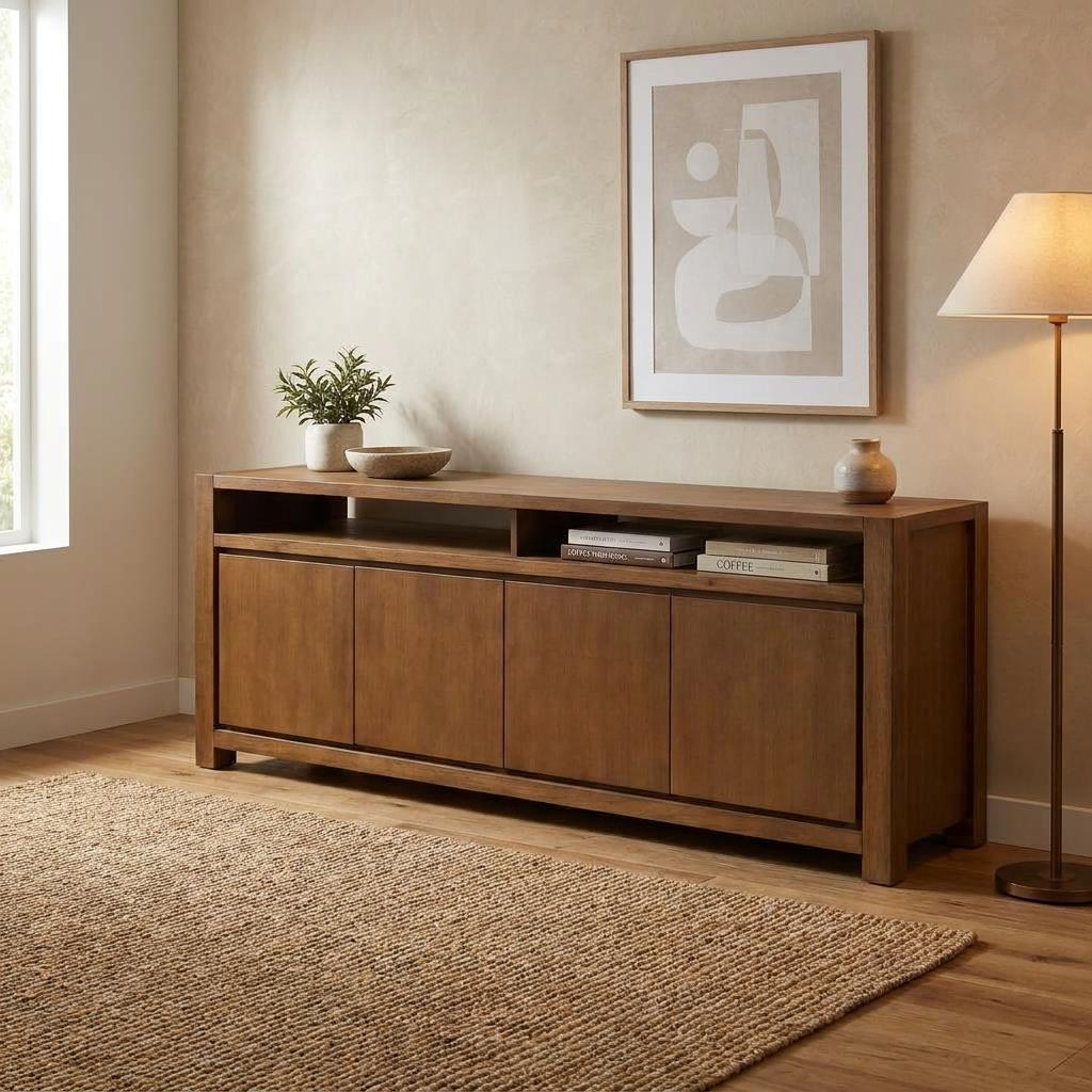 Elegant room with wooden sideboard, abstract art, and soft lighting.