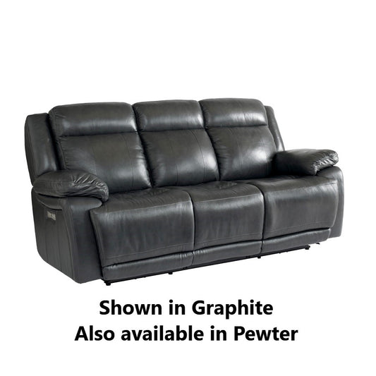 Graphite leather sofa with plush cushions and armrests; also in Pewter.