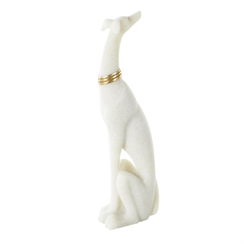 White dog statue with a gold collar, sleek and elegant.