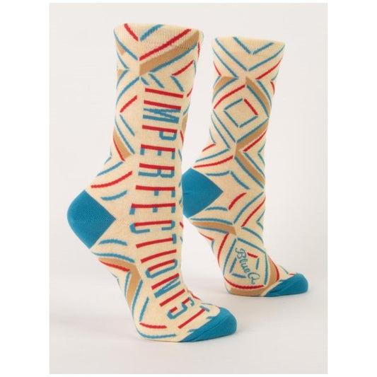 Colorful socks with "Imperfections" text and geometric design.