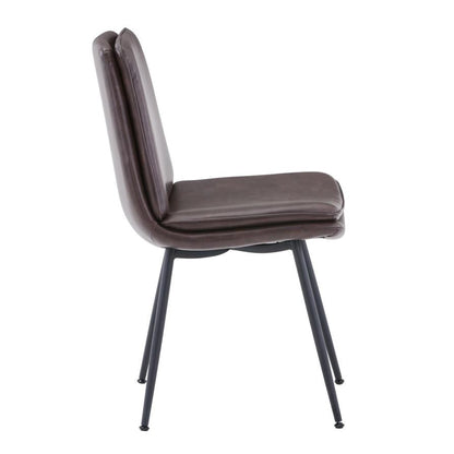Brown leather chair with metal legs, side view.