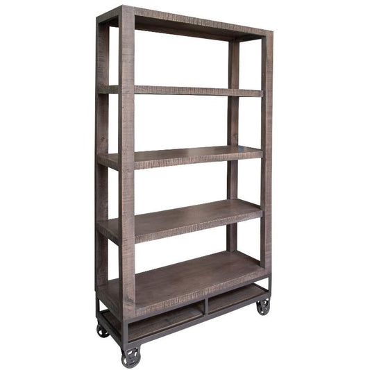 Wooden bookshelf with four shelves and wheels.