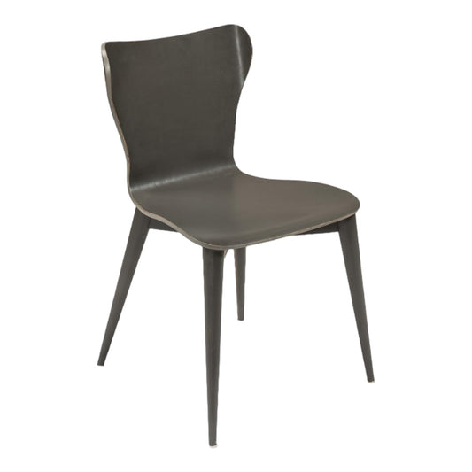 Modern gray chair with curved backrest and sleek legs.