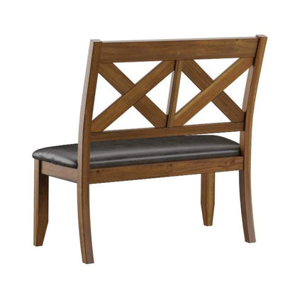 Wooden bench with crossed backrest and black cushioned seat.