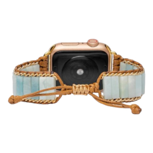 Smartwatch with a beaded, rope-style band in earthy tones.