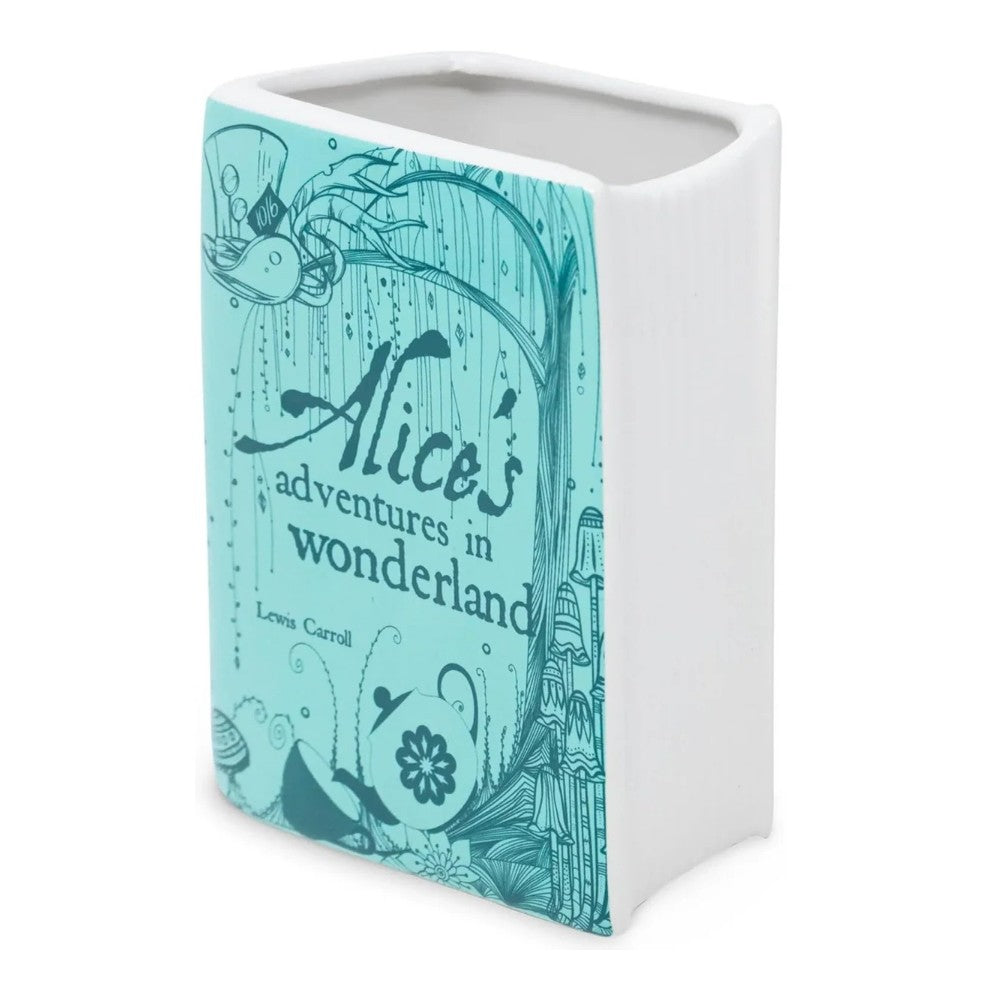 Book-shaped planter with "Alice's Adventures in Wonderland" cover design.
