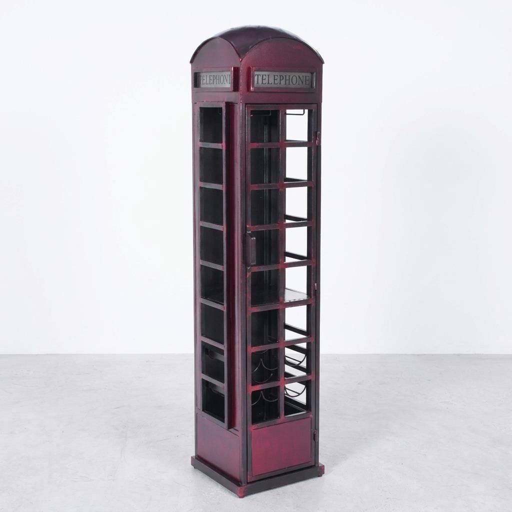 Red telephone booth wine rack with an open door.