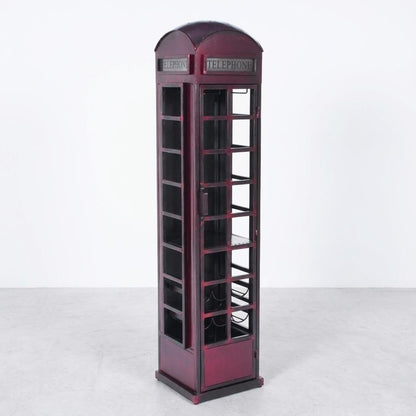 Red telephone booth wine rack with an open door.