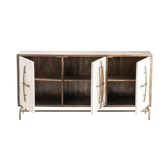 Wooden cabinet with four open doors and modern handles.