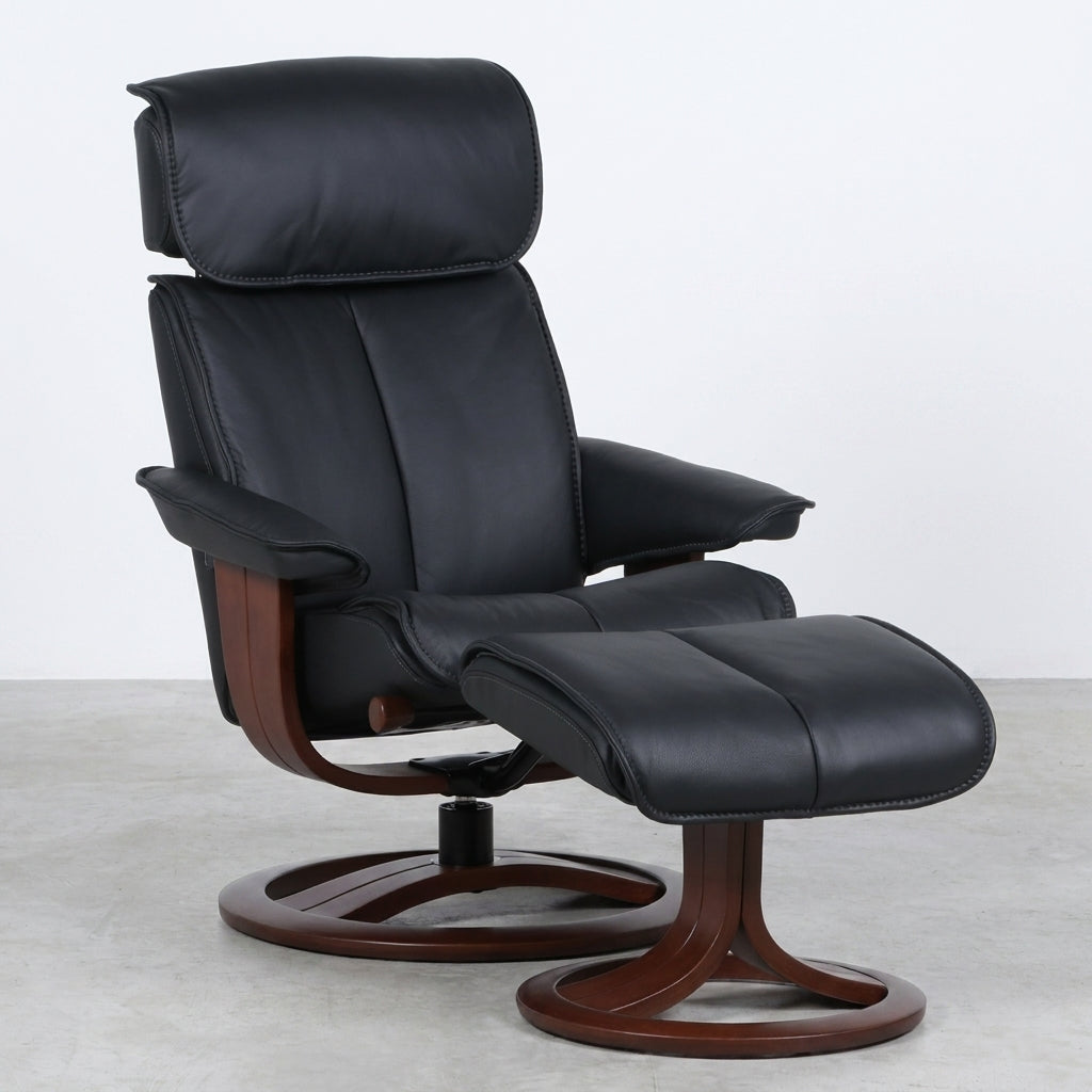 Sleek black recliner with matching footrest on wooden bases.