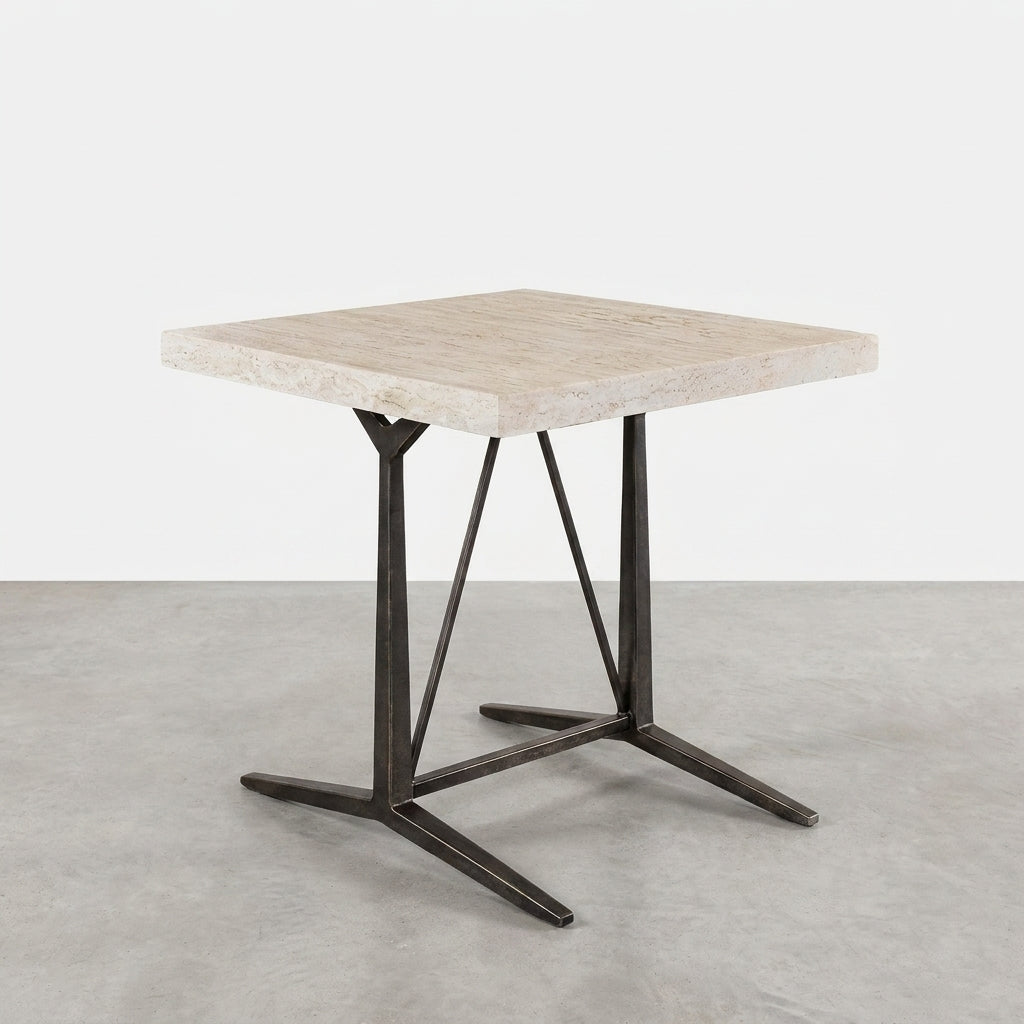 Modern square table with a metal base and light wood top.