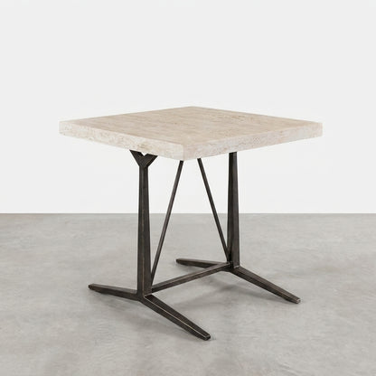 Modern square table with a metal base and light wood top.