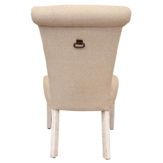 Beige upholstered chair with a back handle.