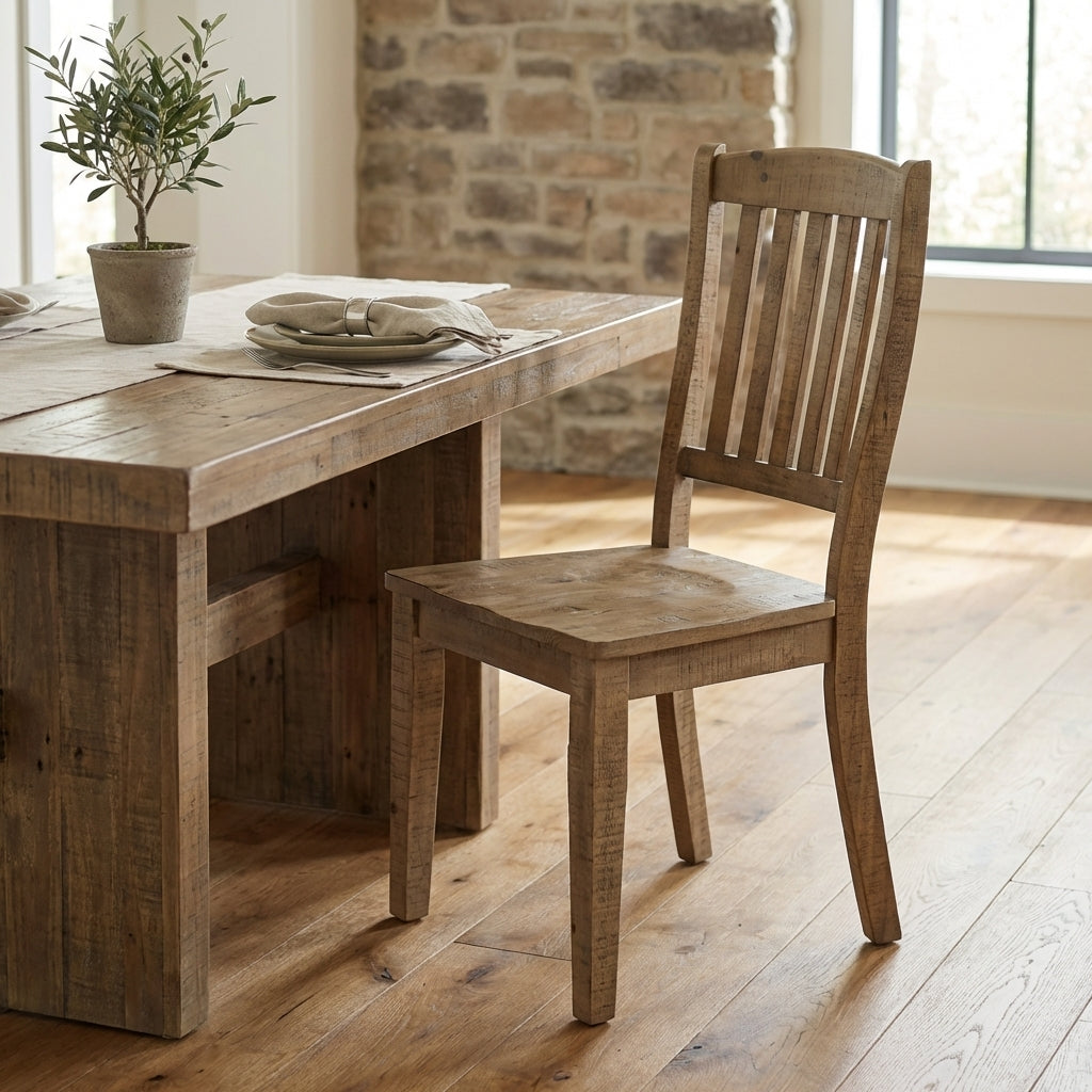 Wooden chair with vertical slat backrest.