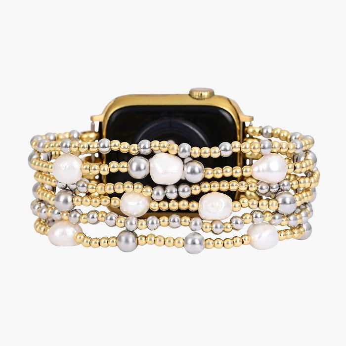Gold and pearl beaded smartwatch band.