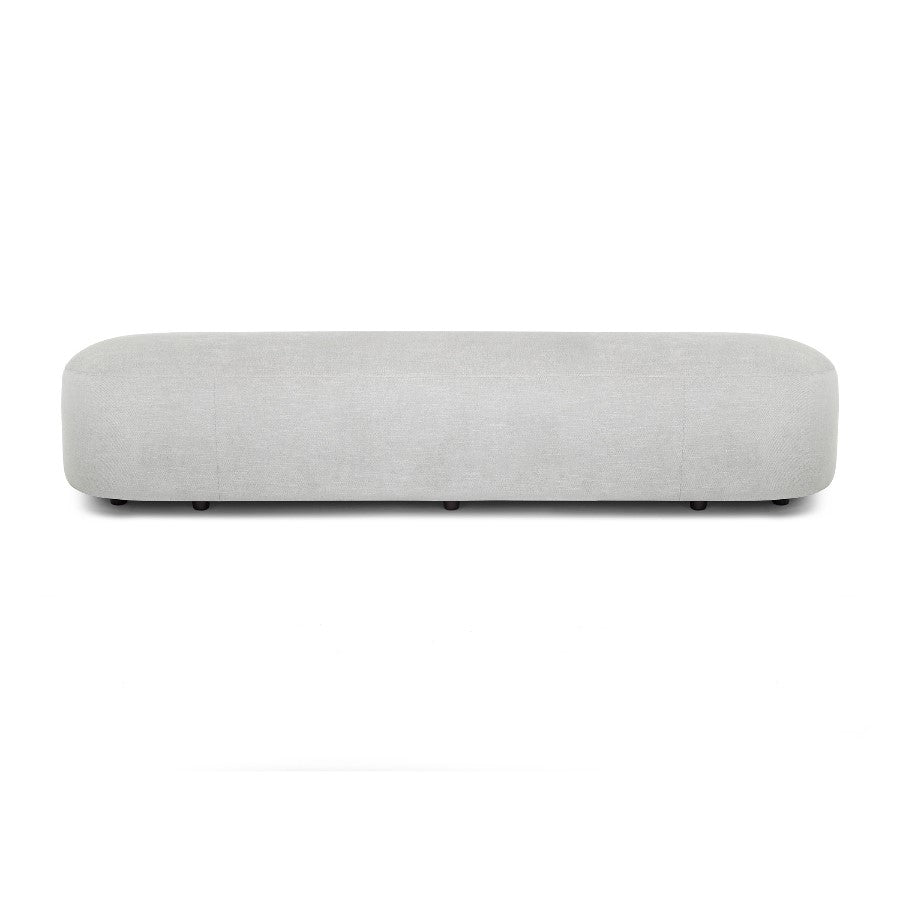 Minimalist gray bench with a smooth, rounded design.