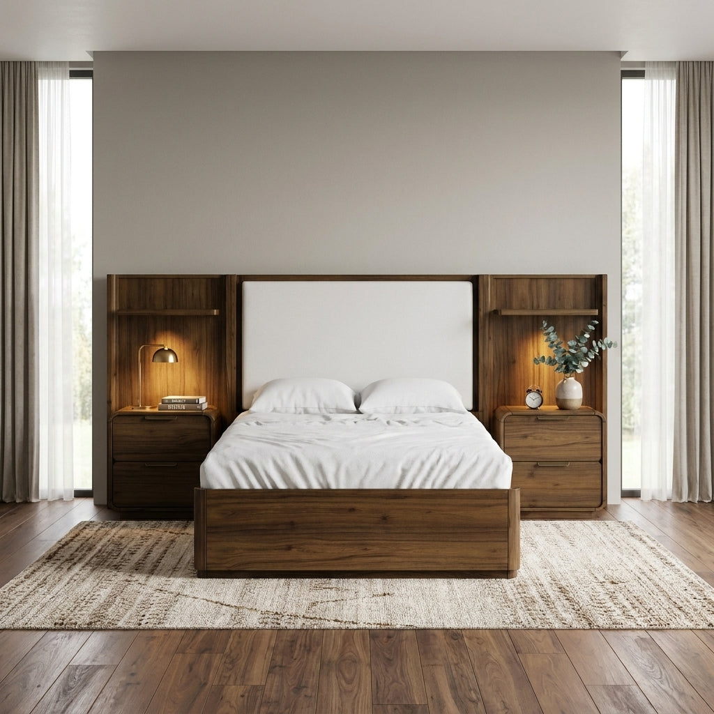 Stylish bedroom with wooden furniture and a cozy bed, framed by tall windows and curtains.
