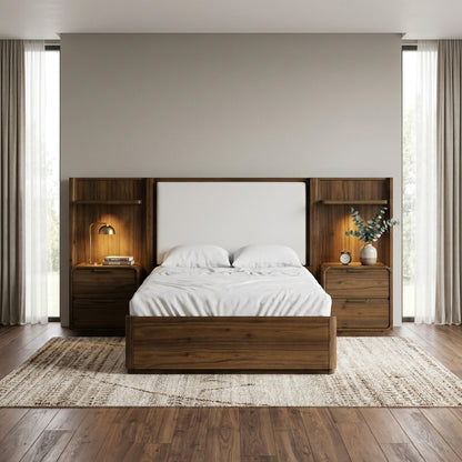 Stylish bedroom with wooden furniture and a cozy bed, framed by tall windows and curtains.