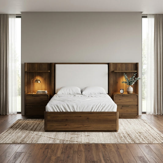 Stylish bedroom with wooden furniture and a cozy bed, framed by tall windows and curtains.