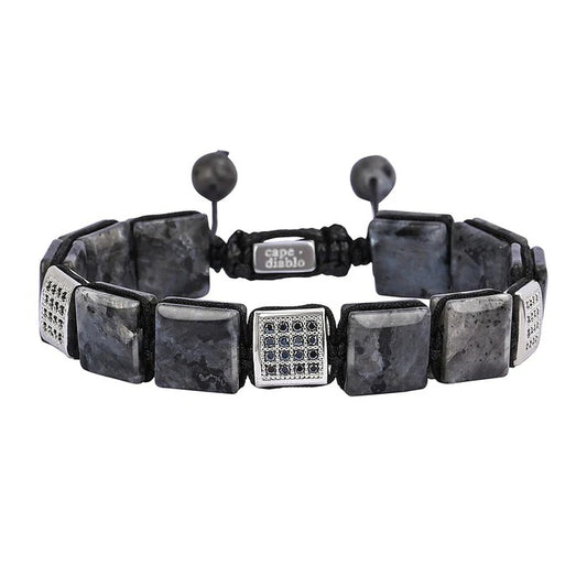 Black beaded bracelet with square stones and adjustable closure.