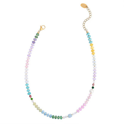 Colorful beaded necklace with adjustable gold chain and clasp.