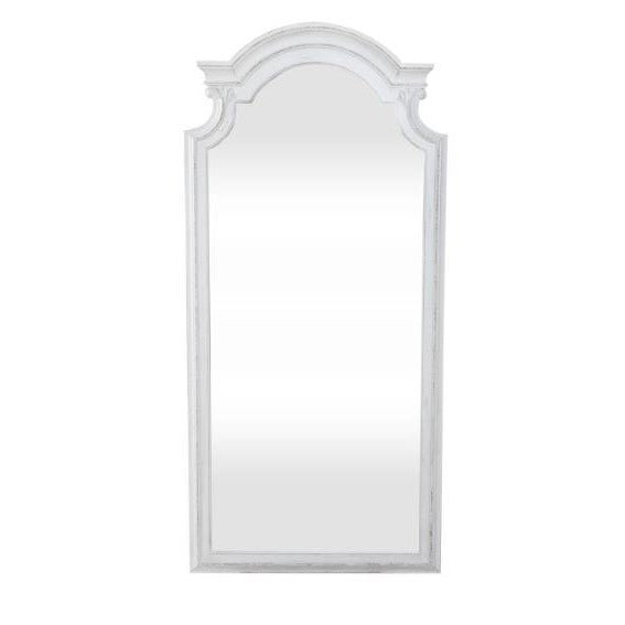 Ornate white framed mirror with arched top.