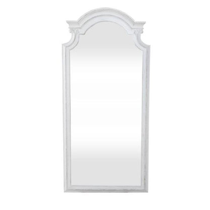 Ornate white framed mirror with arched top.