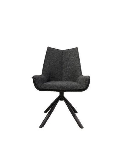 Gray fabric chair with angled legs and deep backrest.