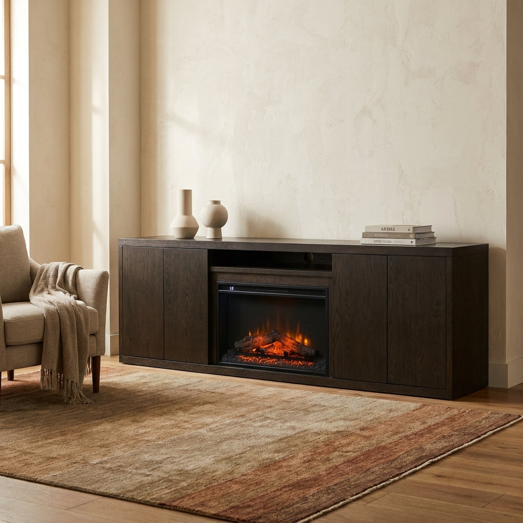 Modern living room with a cozy fireplace console.