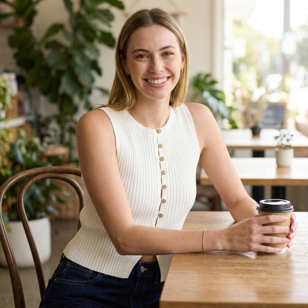 Smiling woman in a cafe holding a cup, seated at a wooden table.