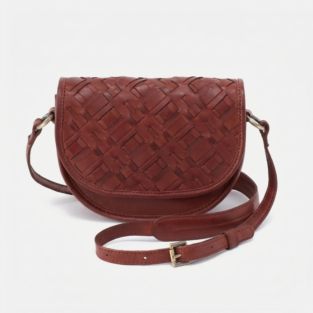 Brown woven leather crossbody bag with adjustable strap.