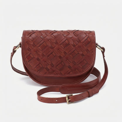 Brown woven leather crossbody bag with adjustable strap.