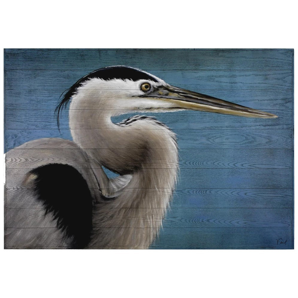 Painting of a heron on a textured blue background.
