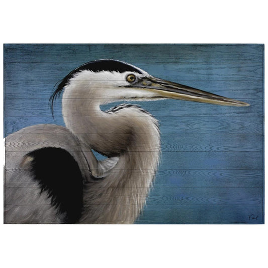Painting of a heron on a textured blue background.