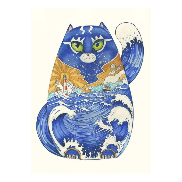 Cat with ocean and lighthouse design, wave-like fur.