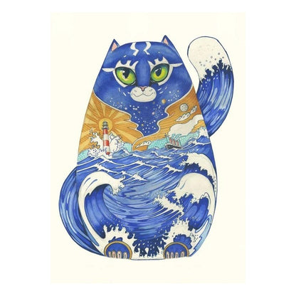 Cat with ocean and lighthouse design, wave-like fur.