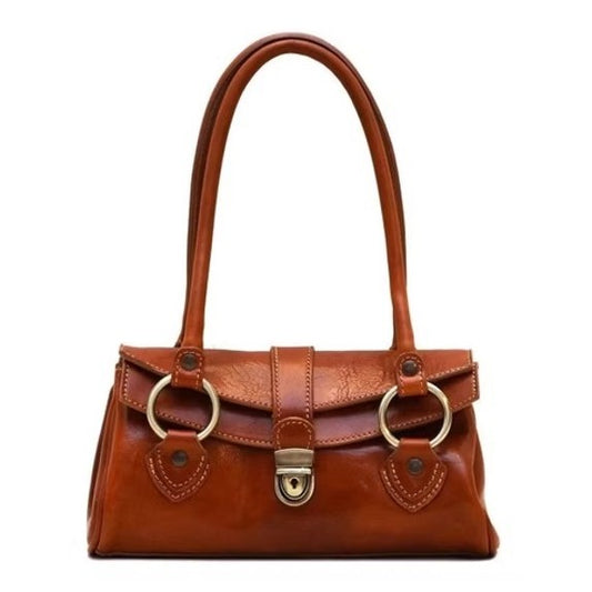 Brown leather handbag with gold hardware and double handles.